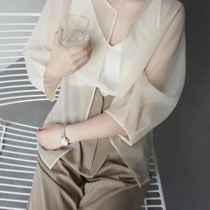 Women Summer Sun-proof Cardigan Through Fashion Sunscreen Thin Shawl Perspective Long Sleeve Blouse Chiffon Organza Coat 240820