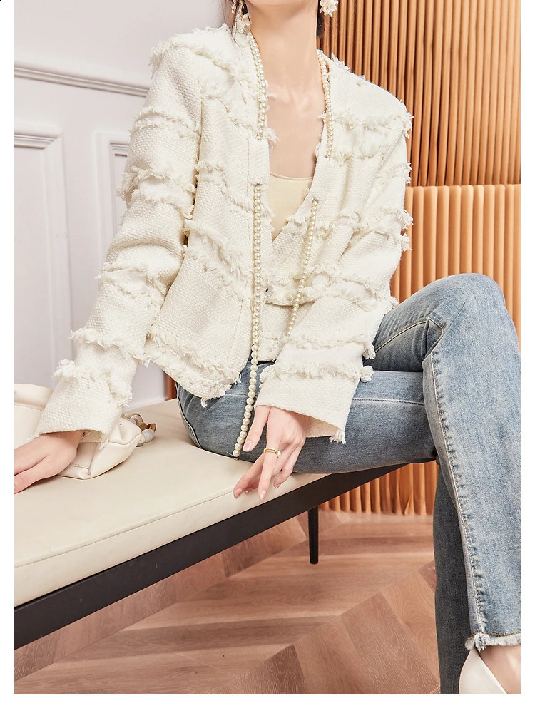 y beaded long sleeve short coat wool tweed fashion autumn winter single button jacket small perfume women 240819