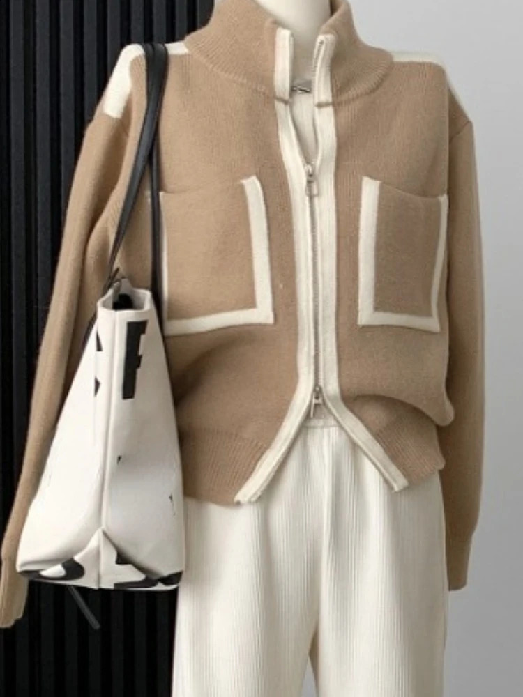 Y2k elegant casual knitted chic jumper double zipper pocket gentle cardigan womens loose stand up collar sweater Japan 240819