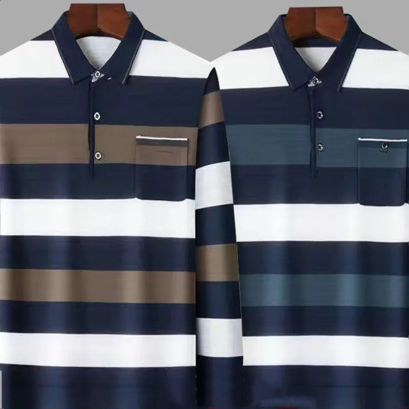 Spring and Autumn Fashion Lapel Stripe Button Pocket Trend Contrast Color Long Sleeve Business Casual Versatile POLO Shirt 240820
