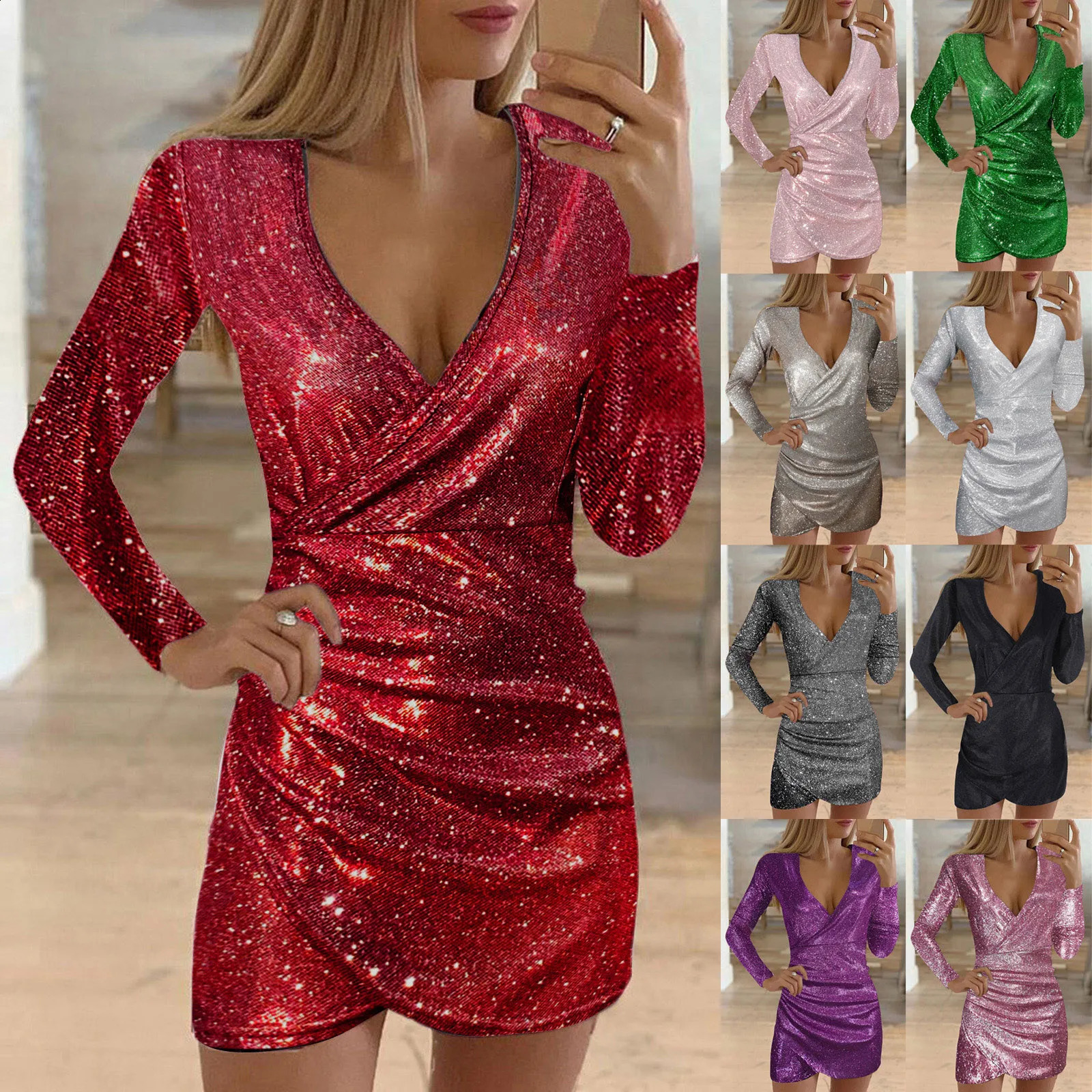 Petite Dresses For Women Casual Long Sleeve Women Sexy Dress Sequins V-Neck Sexy Long Sleeve Self Floral Cocktail Dress 240819