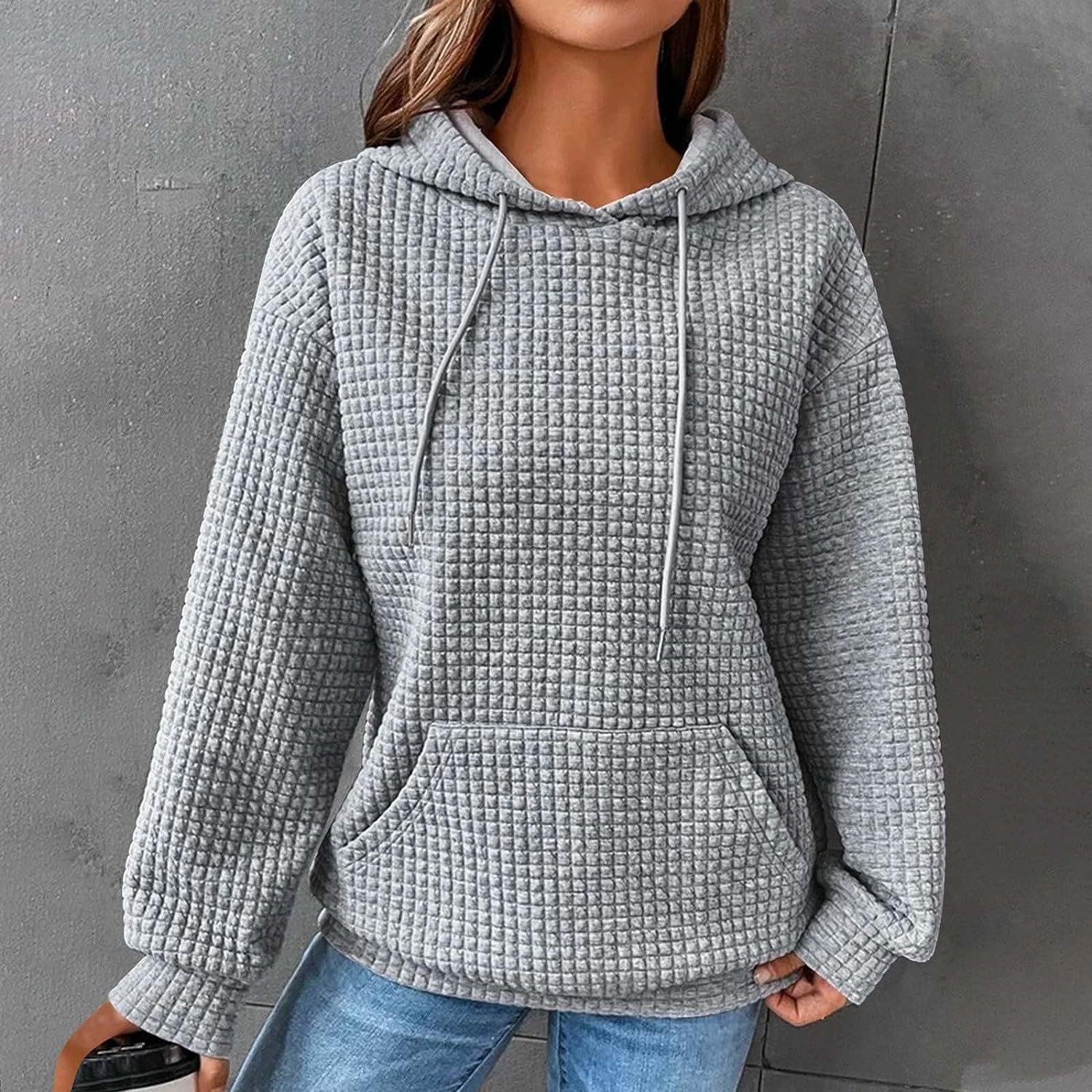 Women's Solid Color Waffle Hoodie with Long Sleeves and Drawstrings - Warm Pullover Top