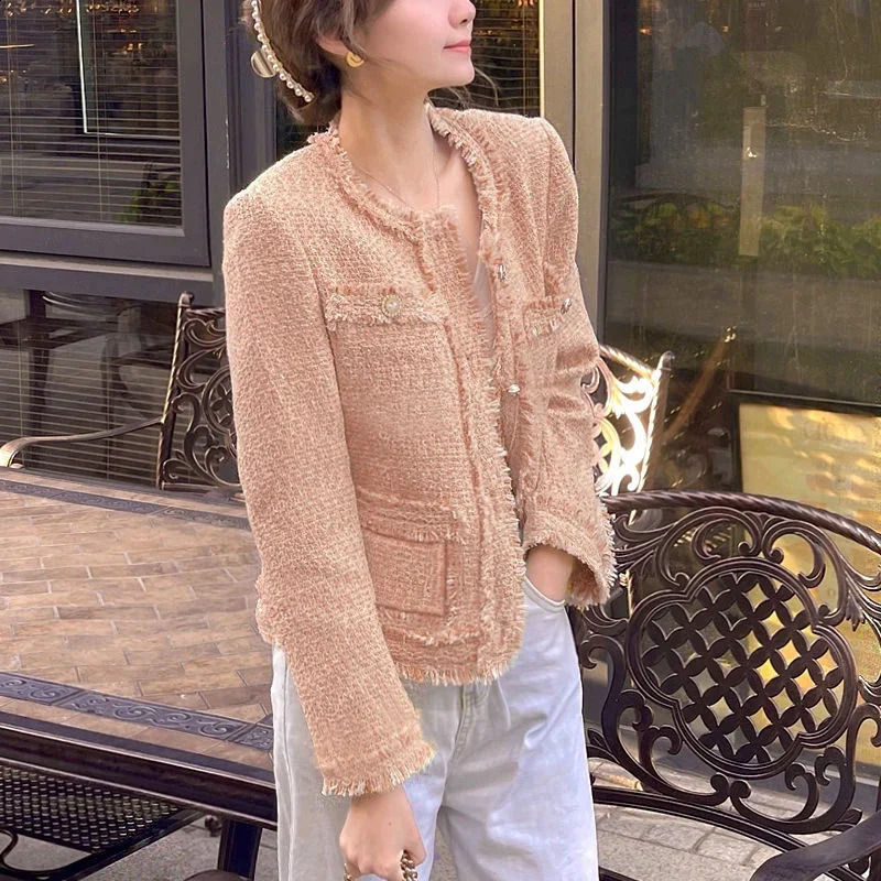 Women Blazers Korean Chic Tweed Spring Autumn Elegant Lady Coats Single-breasted Long Sleeve Suits Female Office Blazer Jacket 240819