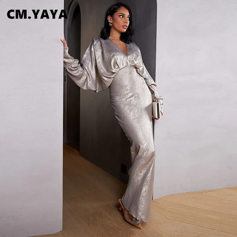 CM.YAYA Women Stretch V-Neck Full Batwing Sleeve Maxi Long Dress Summer Evening Sexy Night Club Birthday Party Dresses 240819