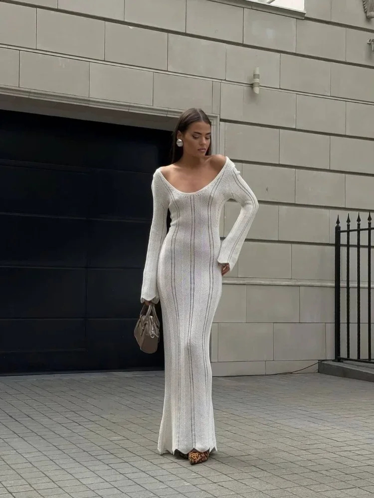 Fashion Solid Hollow Out Knit Maxi Dress Women Chic V Neck Long Sleeve Backless Dresses Autumn Female High Streetwear 240819