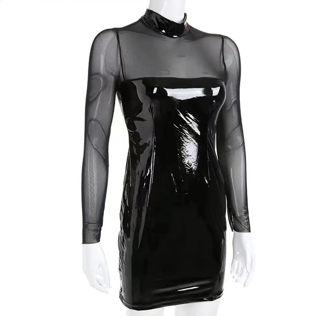 Women Shiny Leather Sheath Bag Hip Dress See Through Porn Breast Exposing Shaping Bodycon Stitching With Transparent Mesh 240819
