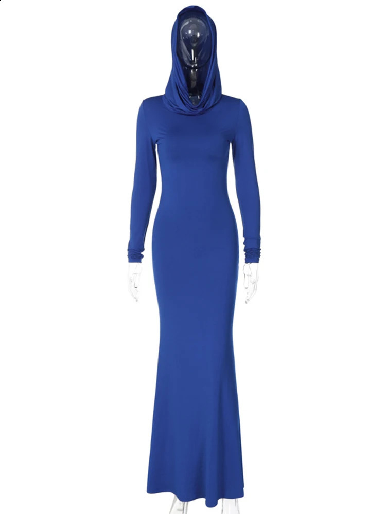 Ahagaga Fashion Sexy Solid Hooded Maxi Dresses Women Elegant Casual Long Sleeve Slim Bodycon Party Vestidos Robes Streetwear 240819