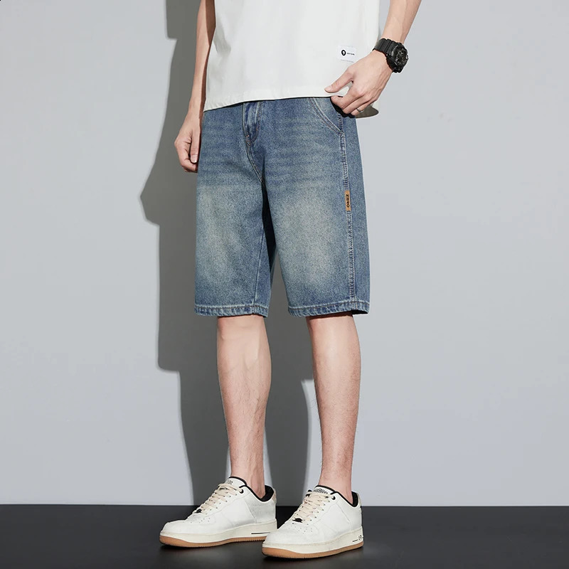Mens summer shorts denim tight straight blue knee length jeans mens streetwear casual pants 240819