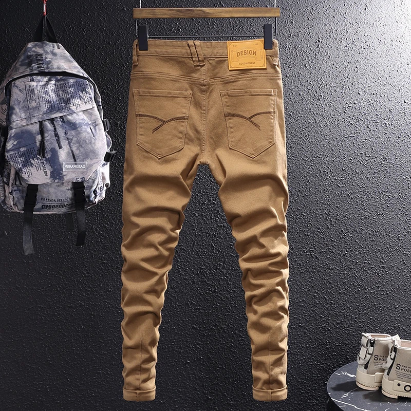 n mens jeans khaki brown elastic slim fit stretch retro Korean simple casual Hombre 240819