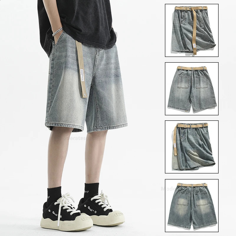 Summer mens retro denim shorts fashionable ultrathin breathable Bermuda jeans pocket casual wide 240819