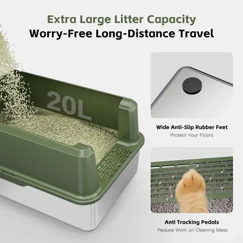 Large Stainless Steel High-Sided Enclosed Cat for XL Cats, Easy Clean Metal Kitty Litter Box with Scoop
