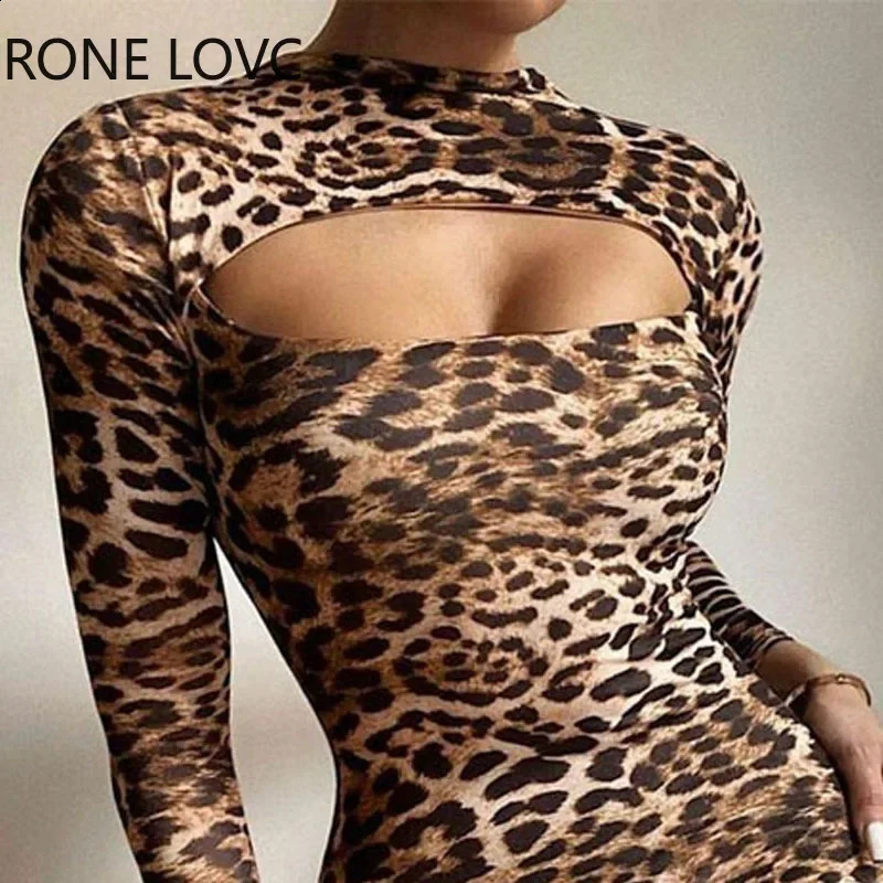 Women Chic Long Sleeves All Over Print Leopard Pattern Crop Mini Sexy Bodycon Party Dress 240819