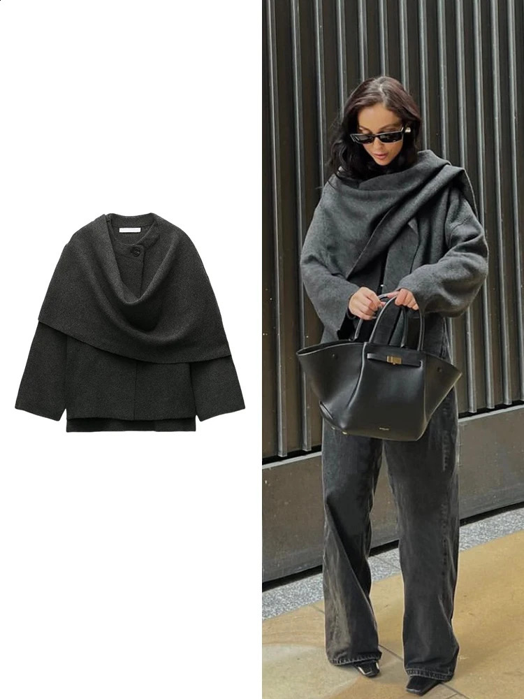 TRAF womens single-breasted chic loose jacket autumn and winter asymmetric scarf solid colour knitted coat jacket 240813