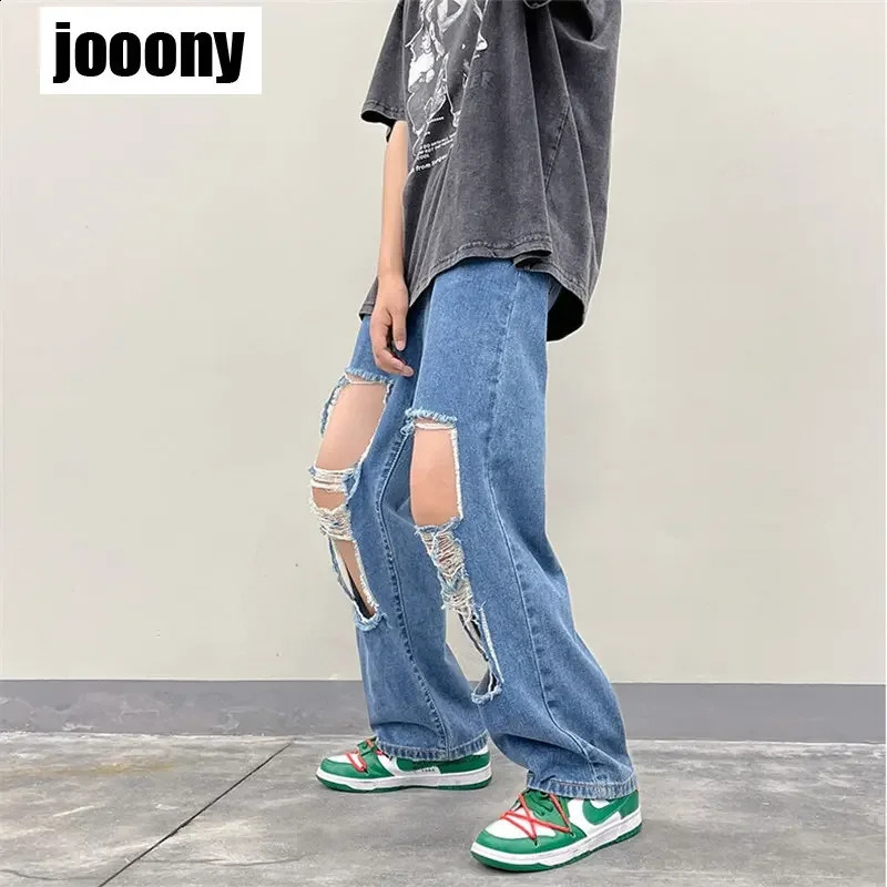 Fashion Y2K European American Personalized Loose Straight Leg Long Pants American Streetwear Hip Hop Retro Perforated Jeans Mens 240819