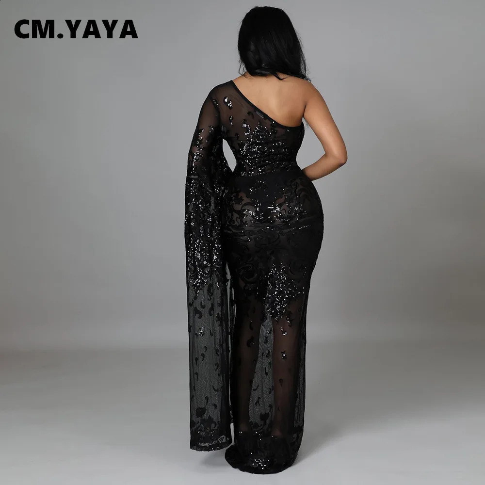 CM.YAYA Women Sequined Paisley Mesh See Though One Shoulder One Long Clock Sleeve Mermaid Maxi Dress Sexy Night Party Long Dress 240819
