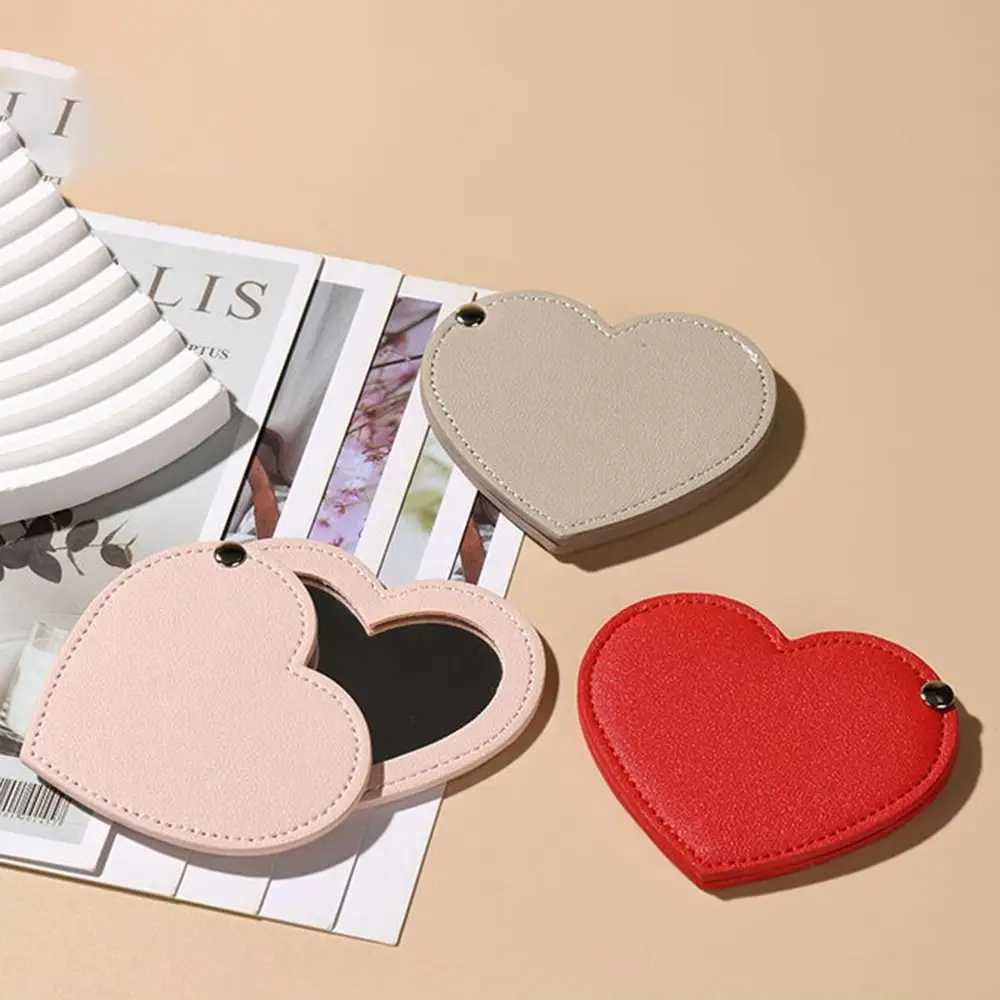 Portable Heart Compact Mirror Mini Ultra-thin Unbreakable Makeup Tool Rotating PU Leather Cosmetic Mirror Travel Y240819