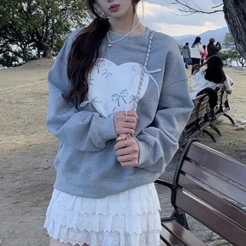 Spring and Autumn Fashion Round Neck Long Sleeve Printed Floral Womens Clothing Bow Thread Sportswear Korean Loose Top 240819