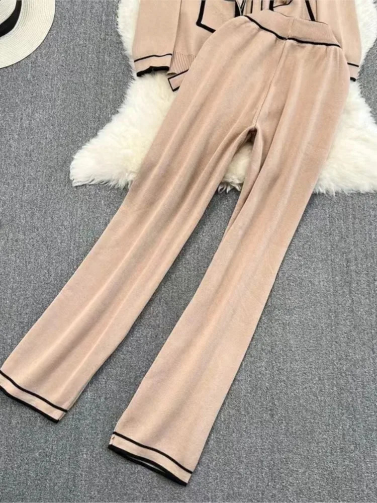 Autumn Knitted 2 Two Piece Set Women Striped Print Korean Ladies Cardigans High Waist Fashion Casual Wide Leg Pants Woman 240819
