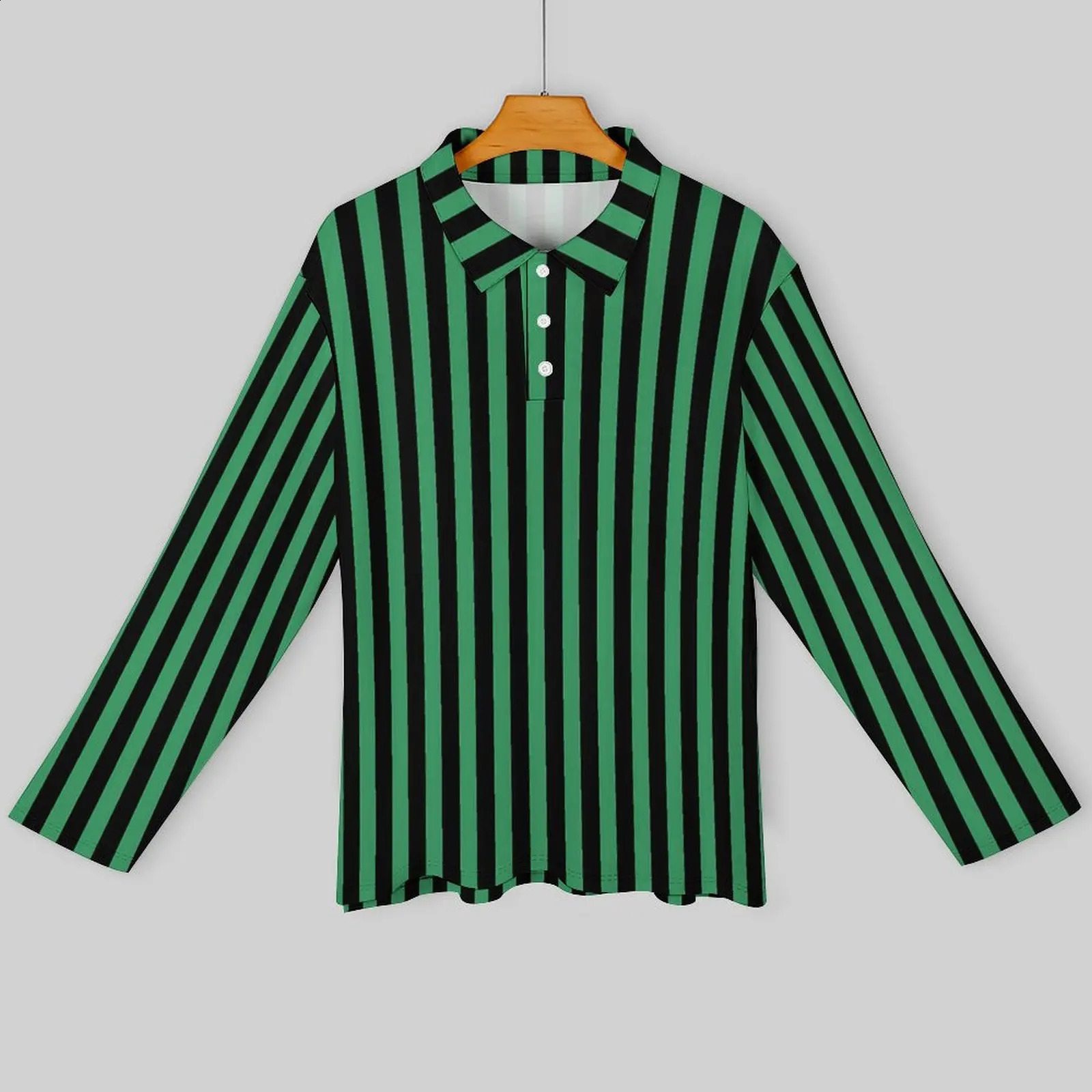 Candy Striped Casual T-Shirts Mens Green and Black Long Sleeve Polo Shirts Turn-Down Collar Vintage Daily Printed Shirt 4XL 5XL 240820