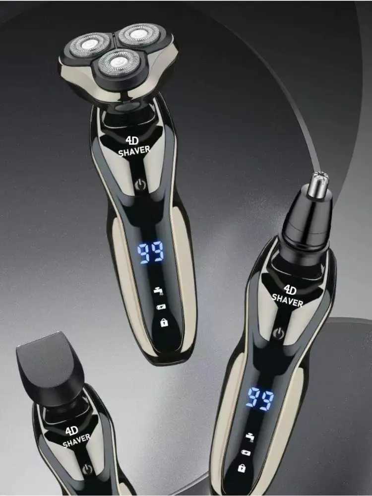 4D cordless electric shaver with floating 3-head dual ring blade mesh for full body cleaning equipped with nose hair and side functions W240819
