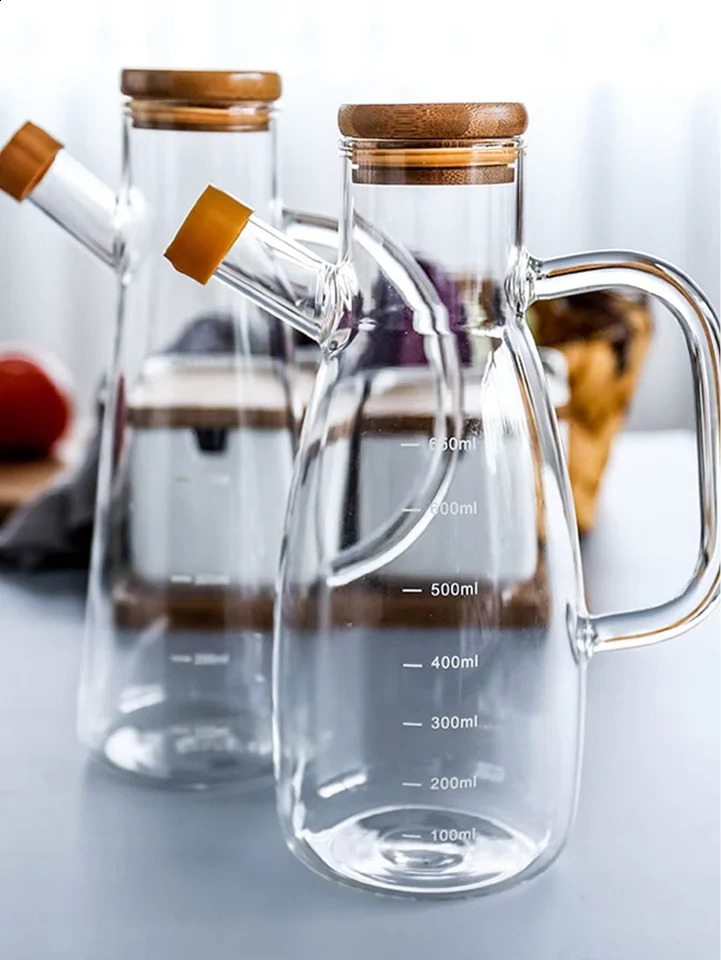 650/1000ml household creative glass dispenser oil bottle with scale and handle kitchen soy sauce vinegar seasoning storage container 240819