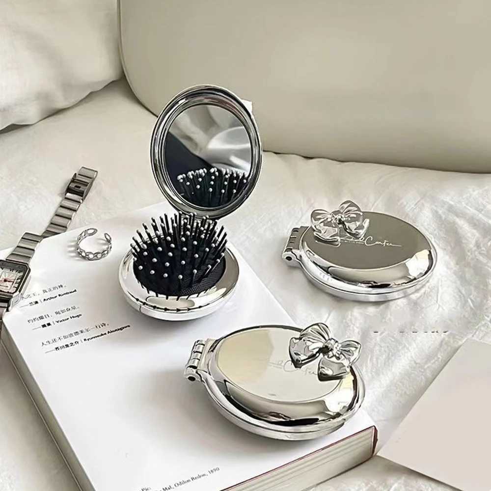 Foldable Hair Brush Mirror Air Cushion Comb Hairbrush With Mirror Pocket Size Scalp Massage Hair Comb Mini Bow Round espejo Y240819