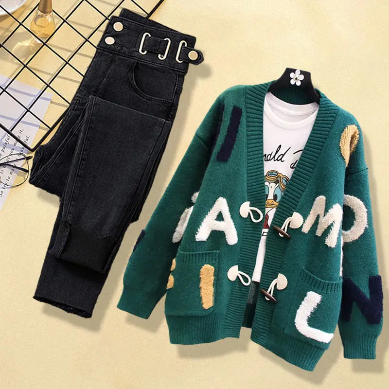 Winter Personalized Letter Printing Knitted Sweater Cardigan Jacket Casual Jeans Two Piece Elegant Womens Pants Set 240819