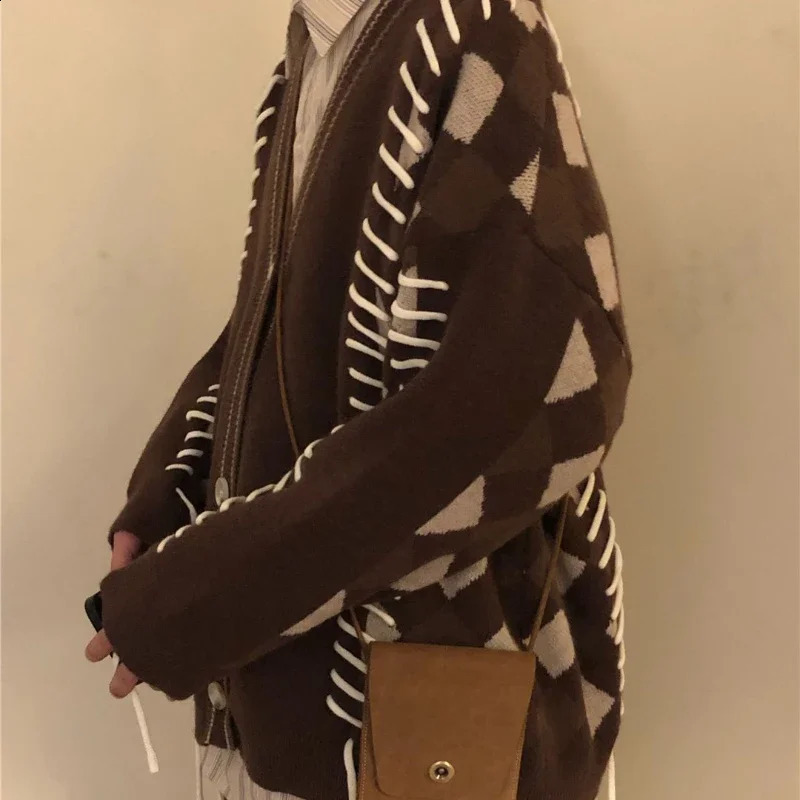 Men Casual Sweater Set Vintage Checkerboard CardiganStriped Long Sleeved ShirtTrendy Wide Leg Pants 3-piece Street Couple Suit 240819