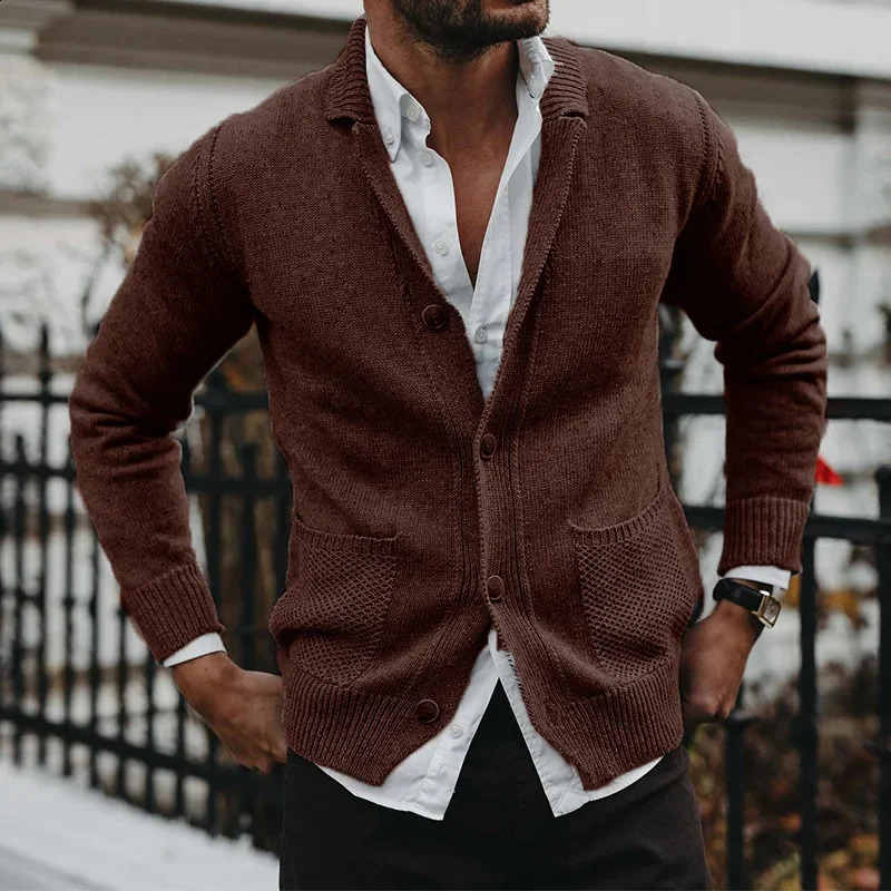 European and American mens autumn winter wool sweater solid color Vneck long sleeved pocket knitted 240819