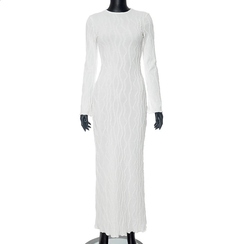 BUILDINGB Women White Elegant Knit Dress Casual Slim Bottom Shirt Full Sleeve Textured Long Autumn Street Dress 240819