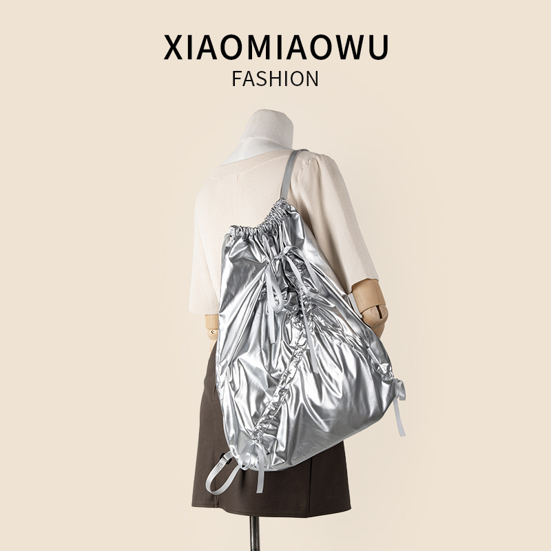 Korean version bow drawstring pocket for women, fashionable high-end, simple and casual backpack with large capacity