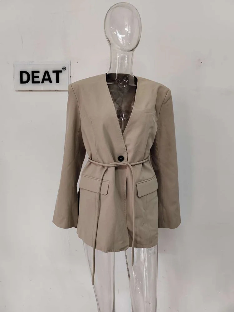 DEAT Fashion Womens Vneck Loose Single Button Lace Waist Long Sleeve Simple Back Sewing Set Jacket Spring Style 7AB507H 240819