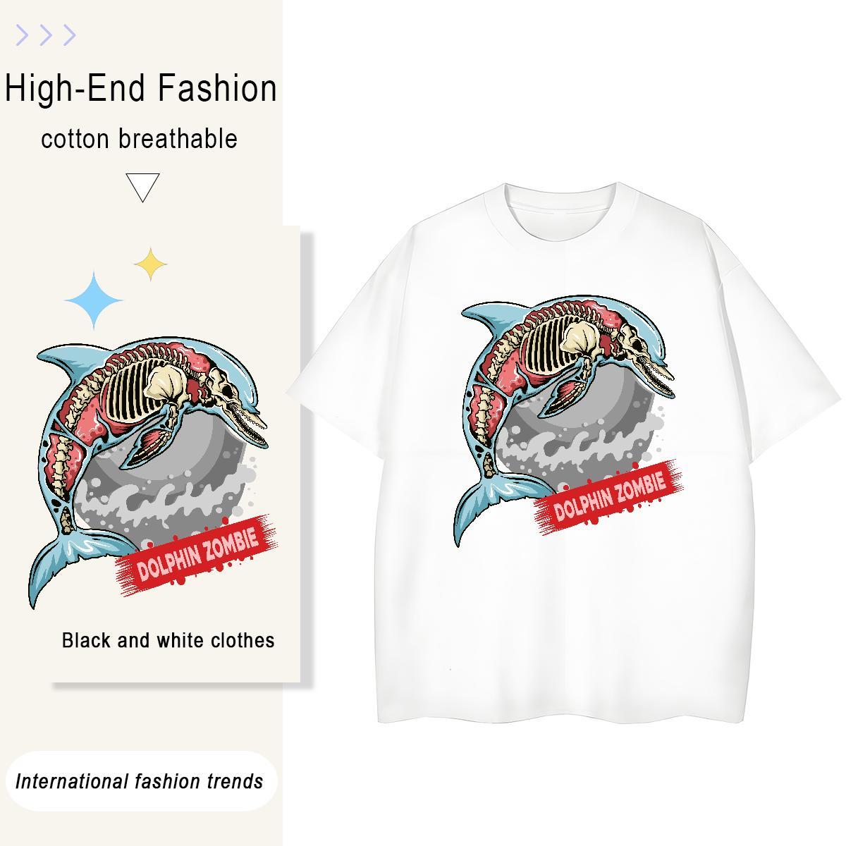 DIY Men Clothes T-Shirt dolphin Spring Summer 230g Cotton Tops Shirt Breathable Crew Neck Loose T Shirt For Man Black Oversized