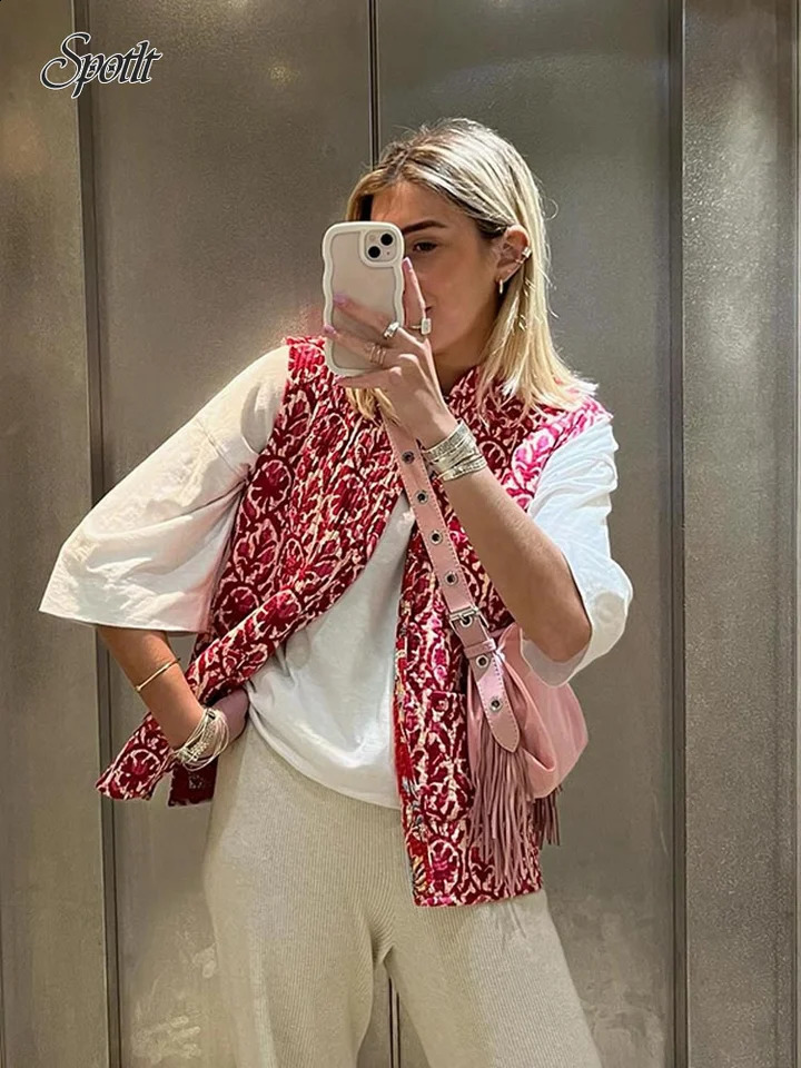 Womens red embroidered printed waist jacket womens retro casual patch work vest autumn elegant streetwear cotton top 240819
