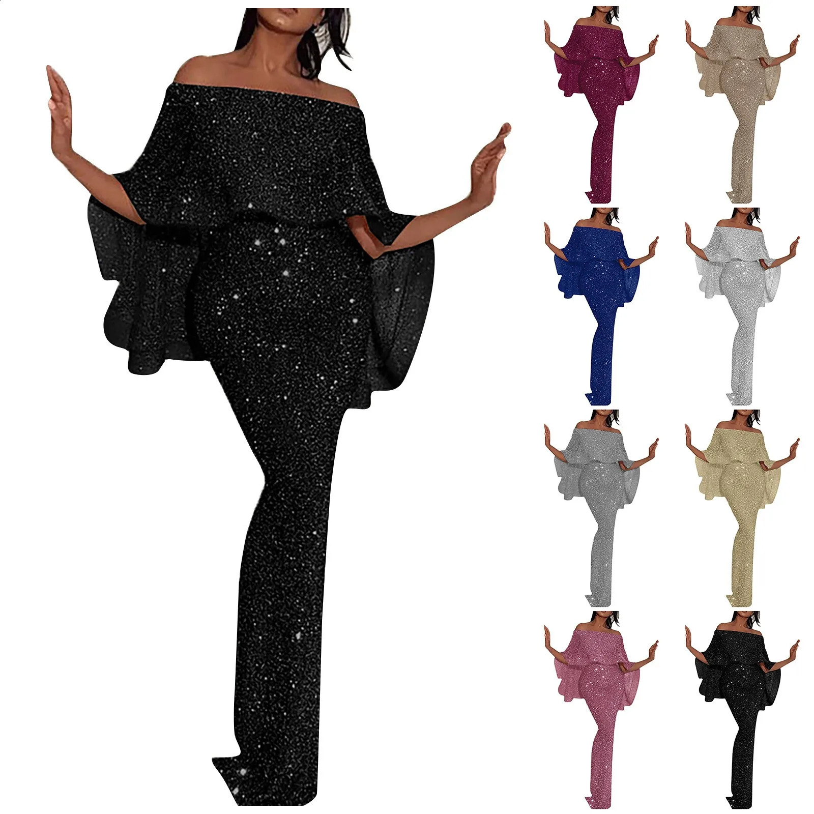 Womens Fashion Sexy Solid Color Off Shoulder Slim Fit Sequin Wrap Hip Split Party Dress 240819