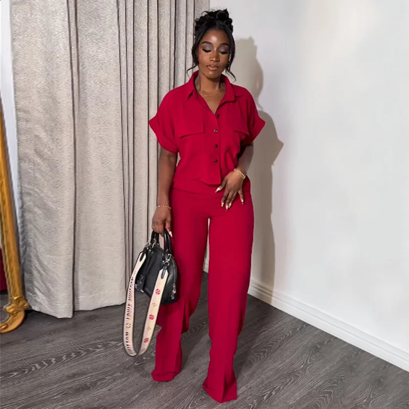 Tracksuit Women Pant Sets Single Breasted Solid Turn Down Collar Cardigan Bouses Button High Waist Wide Leg Pants Basics 240819