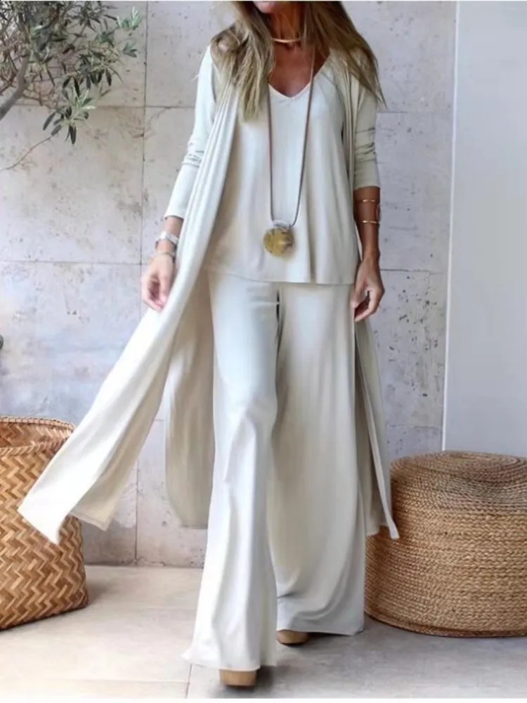 Spring Autumn Women Casual Loose 3 Piece Set Fashion V-neck Halters Straight Pants Long Cardigan Female Solid Color Suit 240819