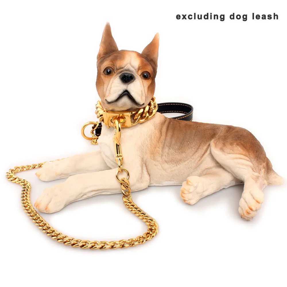 Gold Chain Dog Collar with Secure Snap Buckle 19MM Cuban Link Dog Collar Chew Resistant Heavy Duty Pit Bull Collar for Big Dogs M240820