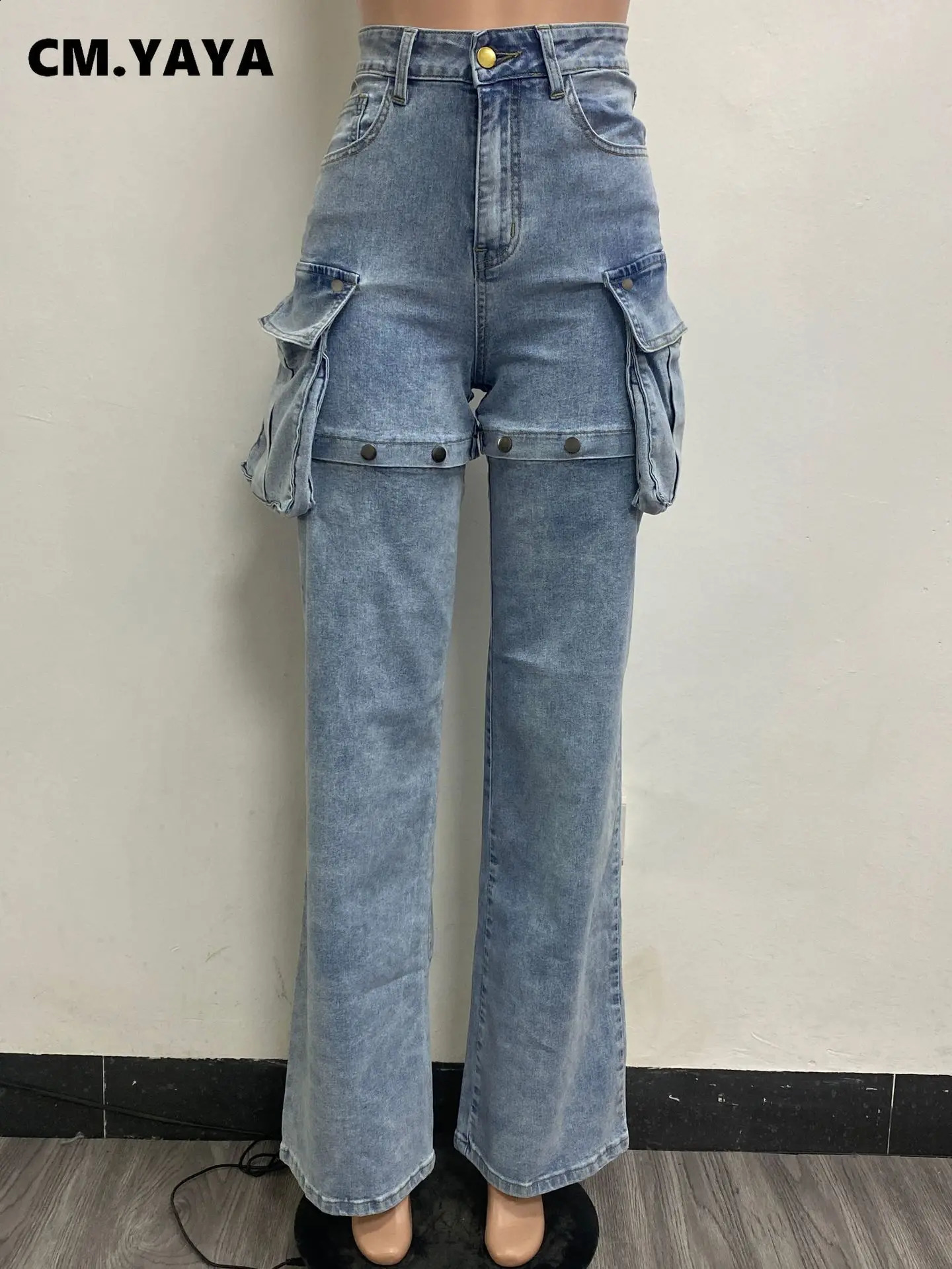 CM.YAYA Women Streetwear Zipper Fly Pocket Side Cargo Straight Denim Pants Safari Button Splicing Wide Leg Jeans Trousers Z260313