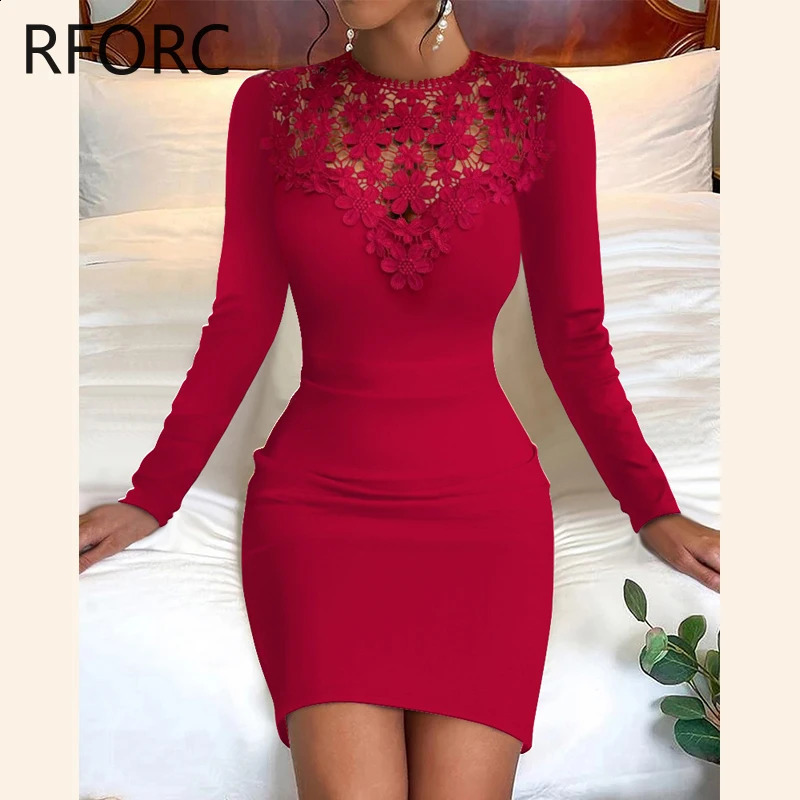 Women Hook Flower Hollow Solid Round Neck Long Sleeves Basic Mini Dress 240819