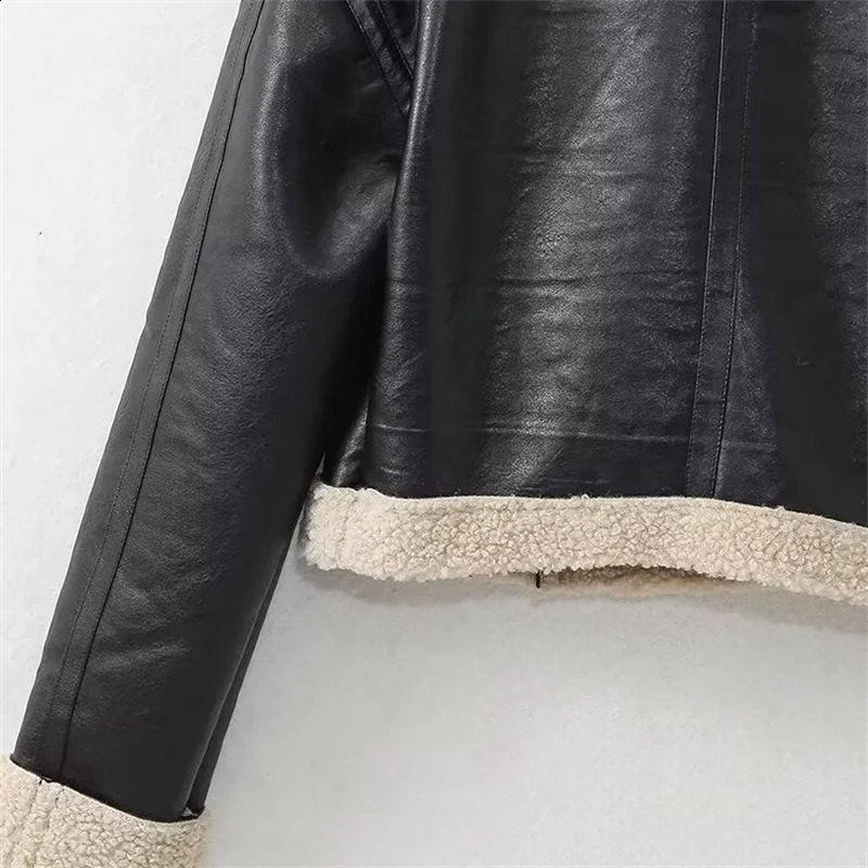 RZRA Womens Autumn and Winter Lapel Fashion Versatile Zipper Pocket Polar Fleece Double-sided Leather Short Jacket 240819