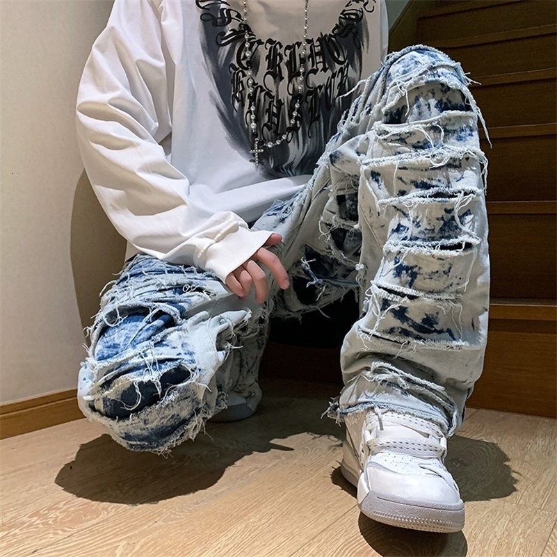 American high street erosion destroys raw edge Y2K retro jeans mens trendy straight tube slim flared pants foreign trade 240819
