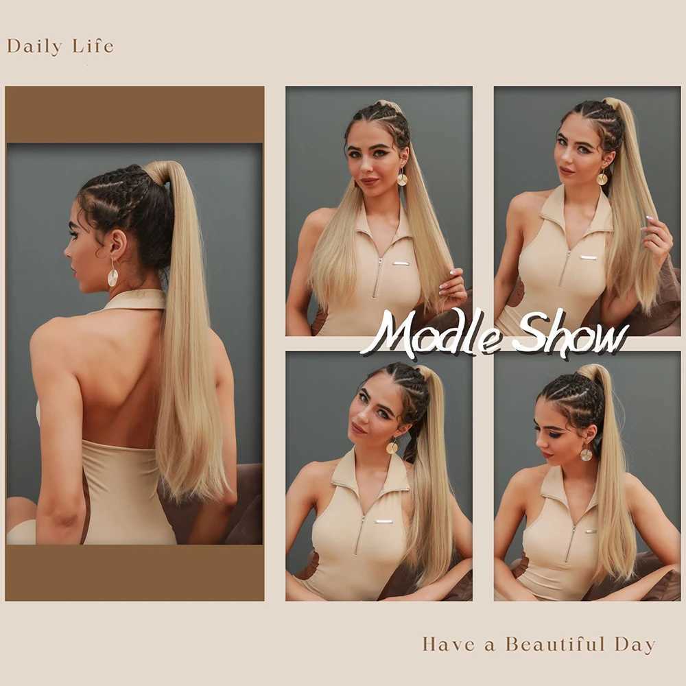 HAIRCUBE long natural straight ponytail hair extension wig blonde hair wrapped around synthetic hair suitable for womens daily ponytail hair W240817