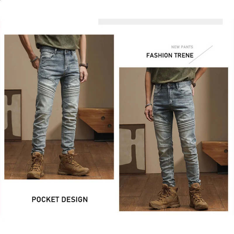 American high-end trend Slim personality craft splicing biker small leg pants vintage mens jeans distortion denim 240819