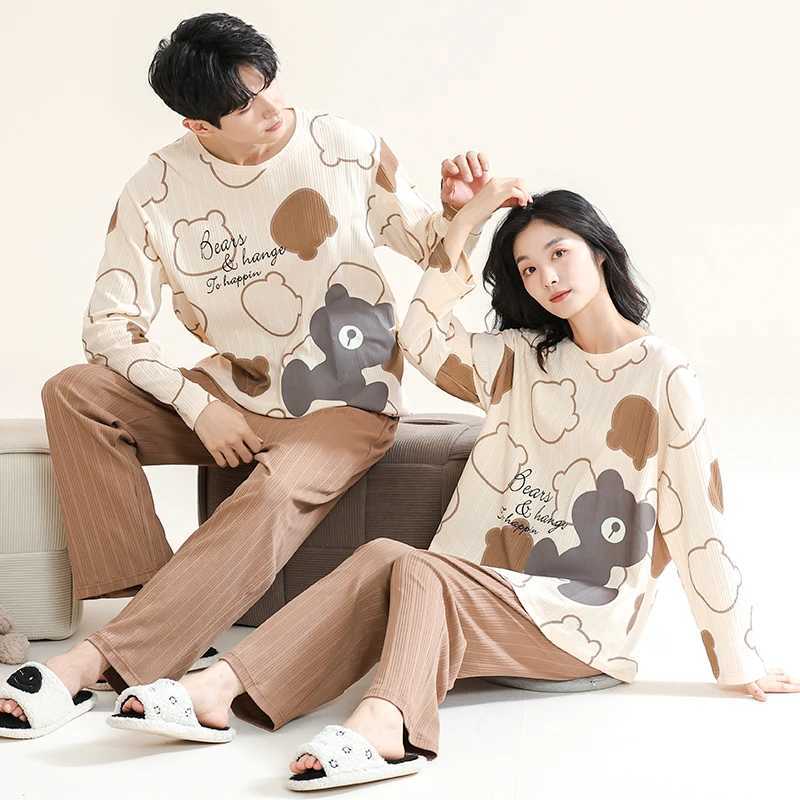 Autumn couple pajamas set cartoon mens pajamas casual cotton plus size long sleeved womens pajamas unprinted good quality slippers W241221