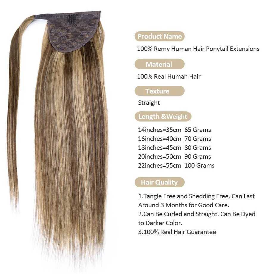 100% artificial hair ponytail with clip on magic cream invisible ponytail wrapped around a soft straight ponytail W240817