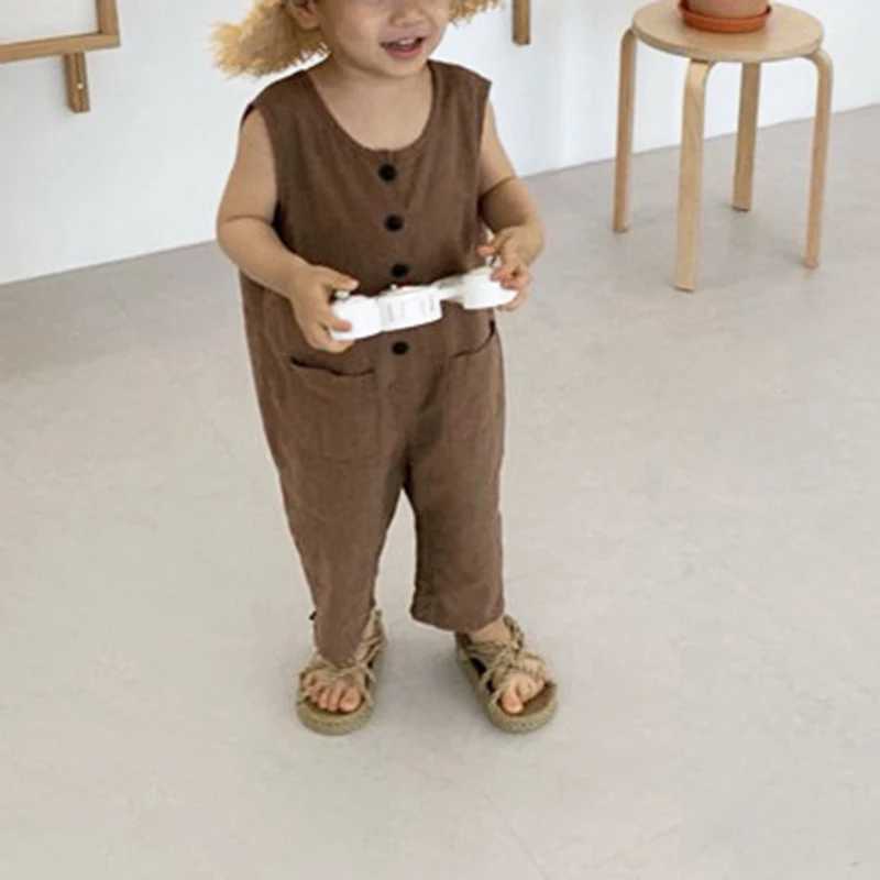 1566C Korean childrens clothing boys one-piece summer clothing cute button up girls jumpsuit casual pants W240806