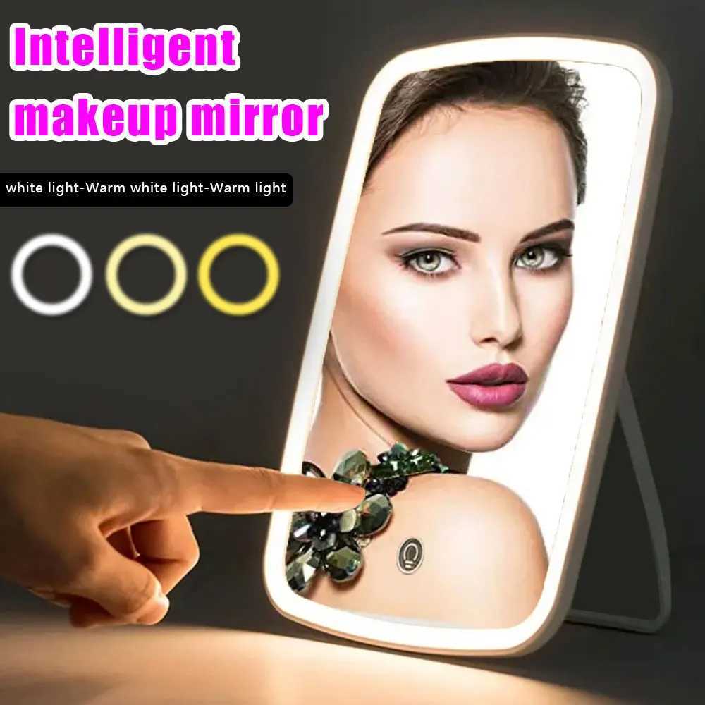LED Makeup Mirror Three-tone light HD Eye Protection Silver Mirror Rechargeable Table Folding Ins Style Portable Vanity Mirror Y240819