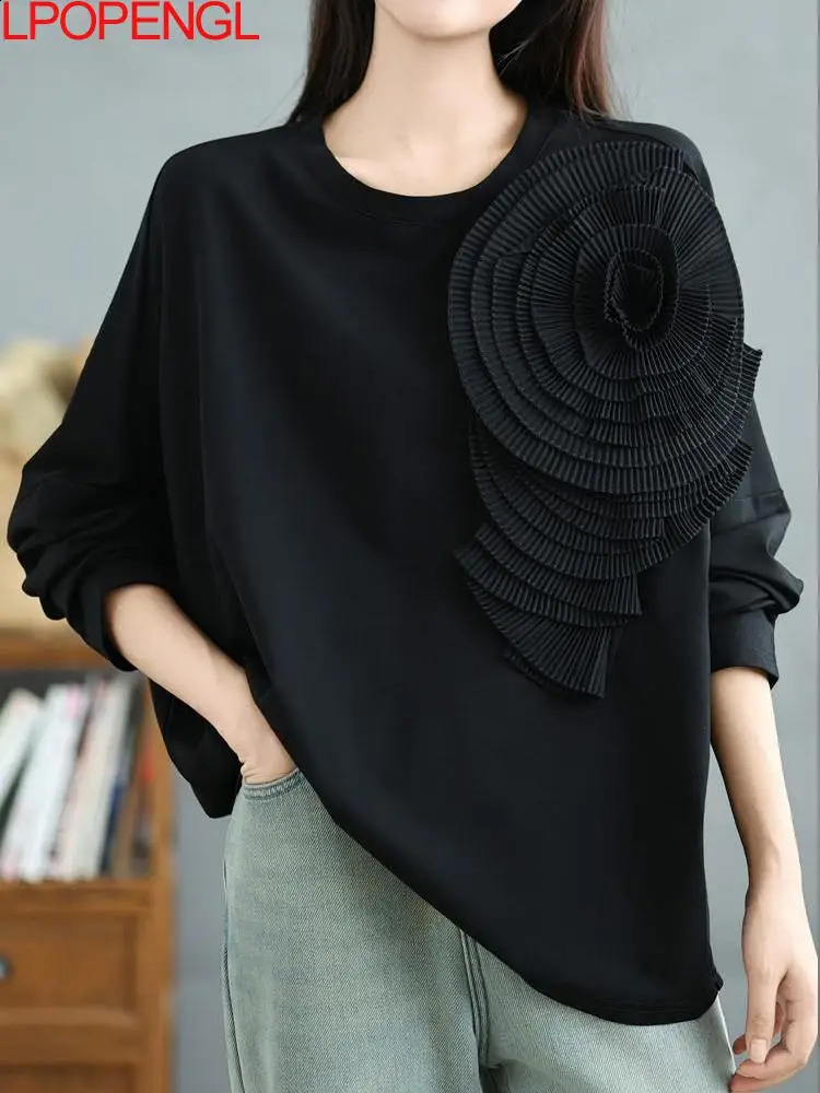 Womens solid color fashionable long sleeved Pullover autumn 3D loose casual retro sportswear 240819