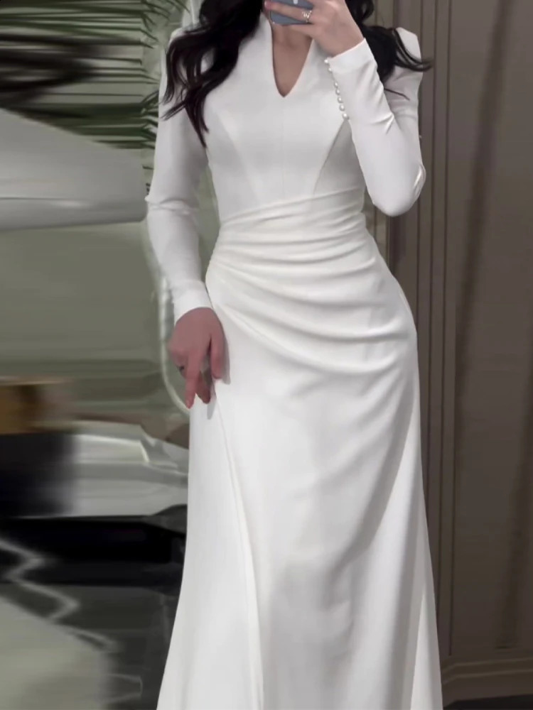 Dress Women Solid Long Dresses V Neck Full Sleeve Slim Fit Sheath Splice Regular Elegant A Line Vestidos Office Ladies 240819